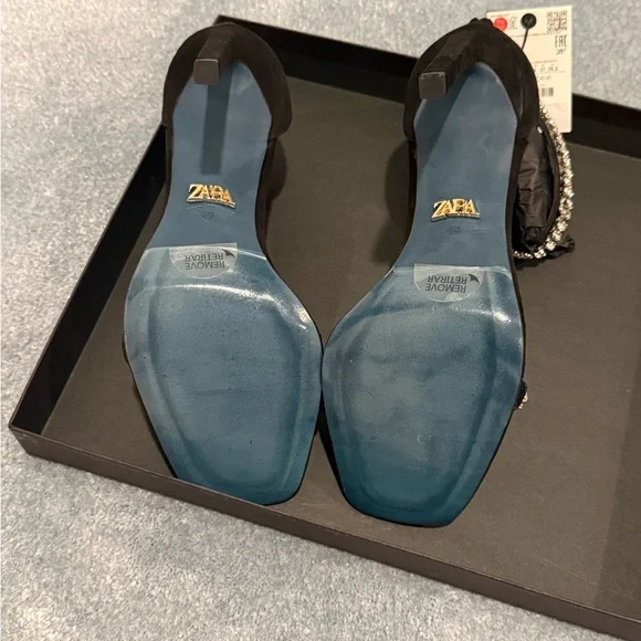 Zara Crystal Strap Black Suede Heels - Picture 6 of 11